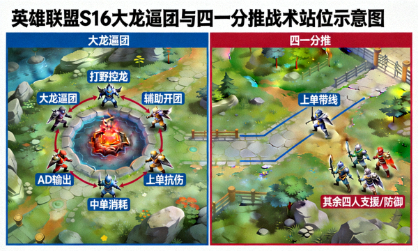 英雄联盟 S16 大龙逼团与四一分推战术站位示意图